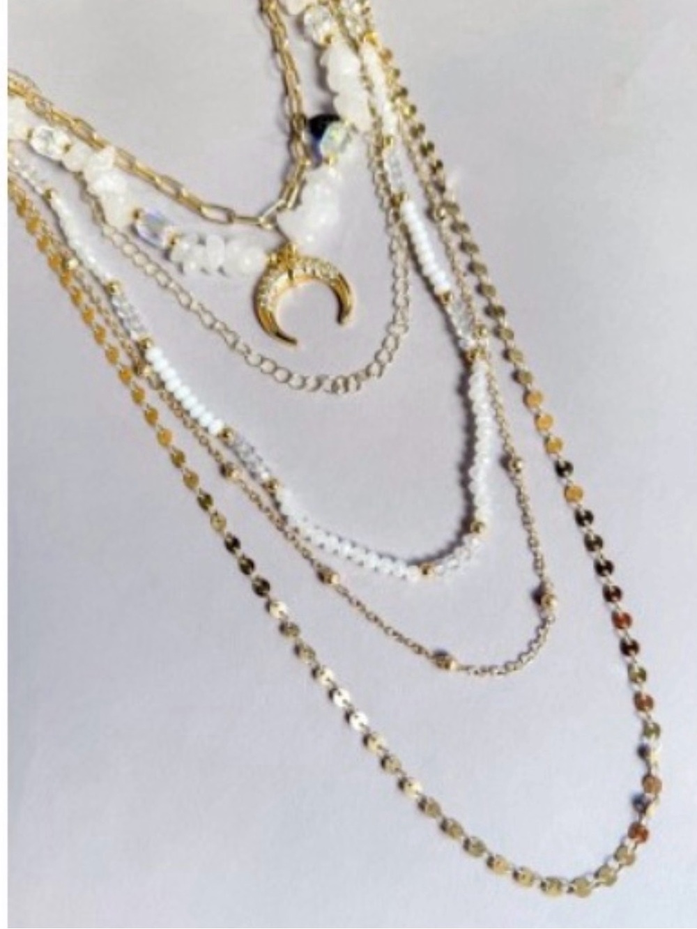 NWT Dylan Jewelry Rhodes Ivory Necklace Layered Gold Tone Beaded Crescent Pendan